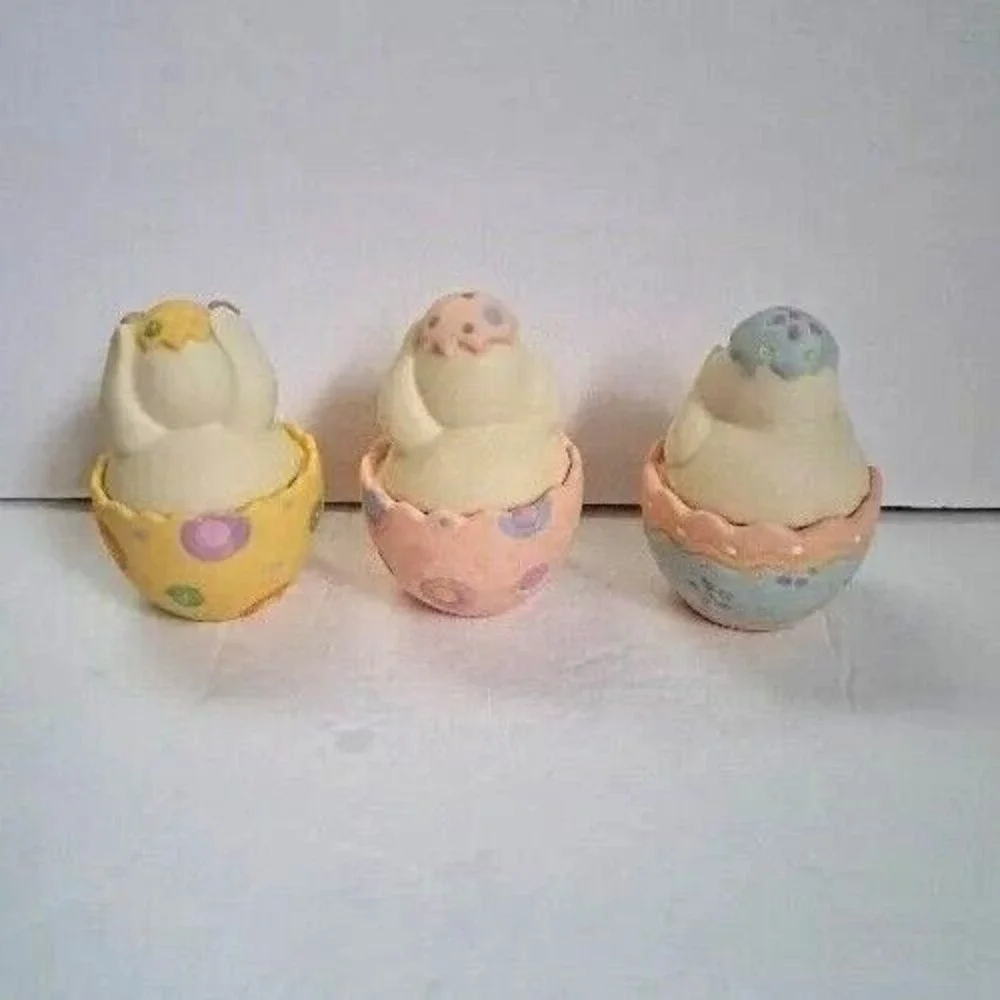 Easter Chicks See Hear Speak No Evil Tea Light Candle Holders Ceramic Set Tray